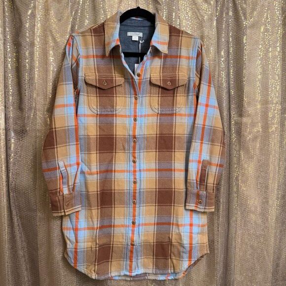 Outerknown Tops - Outerknown Women's Brown Orange Blue Blanket Shirtdress Flannel Small NWT